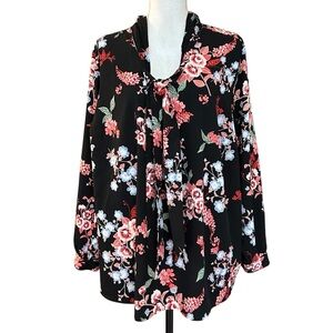 Lane Bryant Tie Neck Long Sleeve Tunic Top Women’s SZ 26/28 Moody Black Floral